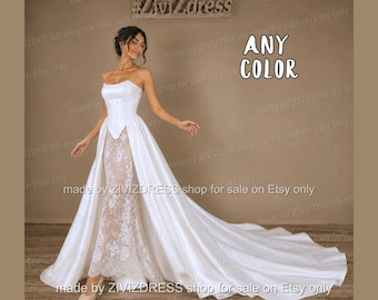 Basque Waist Bridal Dress with Detachable Train, Lace Wedding Dress, High Low bridals gown