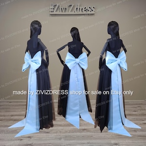 Laço removível de cetim azul com pontas longas, acessório para vestido.