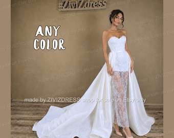 Lace Wedding Dress - Set: Corset, Skirt, Detachable Satin Train, High Low bridal dress