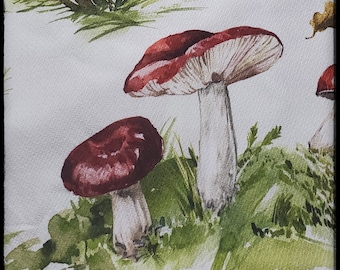 Forest Mushrooms/ 100% Cotton Crepe Textured Tea Towel/Set of Two/Large/20"x30"/Hanging Loop