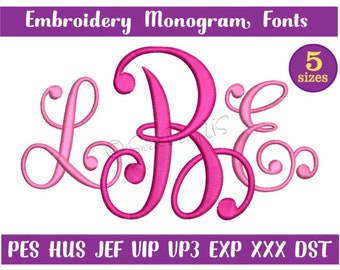 Embroidery Fonts, Monogram Fonts, Machine Embroidery Font, Wedding monogram fonts, Interlocking Monogram Fonts, 5 sizes
