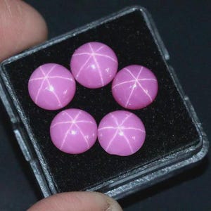 Könnte beinhalten: Fünf runde, polierte, rosa Edelsteine mit sternförmigem Muster werden in einem schwarzen Etui präsentiert. Die Edelsteine sind leuchtend rosa, der Sterneffekt wird durch sich kreuzende weiße Linien erzeugt.