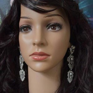 Stunning Art Deco 20&#39;s Silver Tone Large Earrings Fashionista Stylish Geometrical Design Long Rhinestone Embellished Gatsby Flapper Party