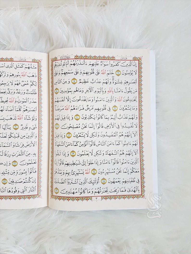 Puede incluir: Libro abierto con escritura &aacute;rabe, con bordes rojos y dorados ornamentados. Las p&aacute;ginas est&aacute;n llenas de texto y el libro descansa sobre una superficie suave, blanca y texturizada. Un texto religioso.