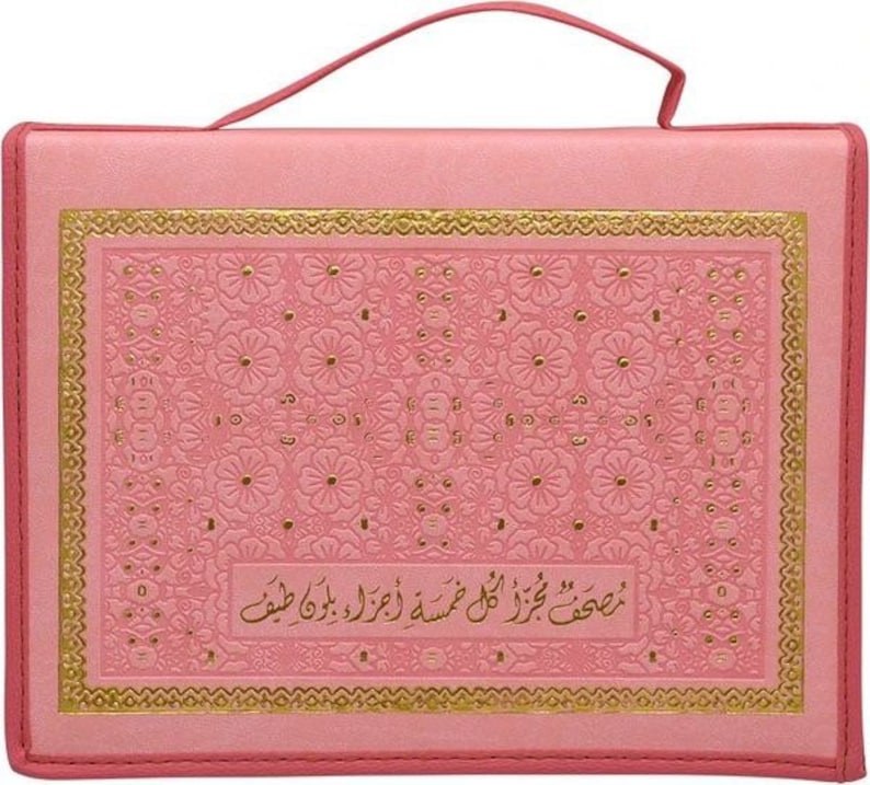 Puede incluir: Malet&iacute;n de transporte rosa con asa. La funda presenta un dise&ntilde;o floral en relieve con ribete dorado y texto. La funda rectangular tiene un asa en la parte superior. El dise&ntilde;o es ornamentado y decorativo.