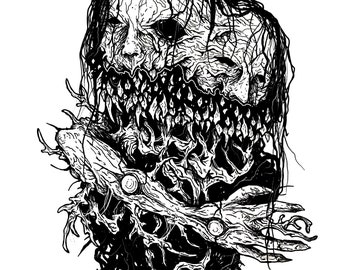 Könnte beinhalten: Schwarzweiß-Illustration einer monströsen, grotesken Figur mit mehreren Gesichtern und scharfen Zähnen. Die Figur ist mit langen, fließenden Haaren und einem verdrehten, knorrigen Körper dargestellt.