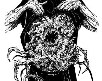 Peut inclure: Illustration en noir et blanc d'une personne avec une créature monstrueuse qui jaillit de sa poitrine. La créature a une grande gueule béante et de nombreuses tentacules.