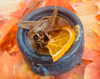 Cauldron candle, orange spice scent . Autumn Decoration | Fall Witchy halloween candle crackling wick