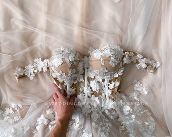 Dana/ Nude bridal gown,Wedding dress off shoulder, A-line corset wedding dress,Boho sleeveless wedding dress, off the shoulders sleeves