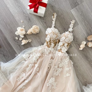 Medina/sweetheart lase wedding dress, 3D flowers bridal gown, dreamy wedding gown,off the shoulder wedding gown, romantic blush bridal gown