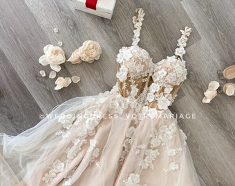 Medina/sweetheart lase wedding dress, 3D flowers bridal gown, dreamy wedding gown,off the shoulder wedding gown, romantic blush bridal gown