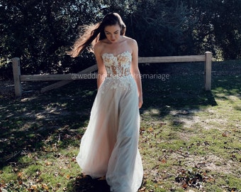 Sara /bohemian lace wedding dress, simple tulle dress, handmade bridal gown,romantic wedding dress, beach bridal gown,floral wedding dress,
