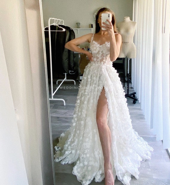 Lace Spaghetti Straps Sleeveless Wedding Dresses, Long Slit Bridal Gowns Lace Spaghetti Straps Sleeveless Wedding Dresses, Long Slit Bridal Gowns