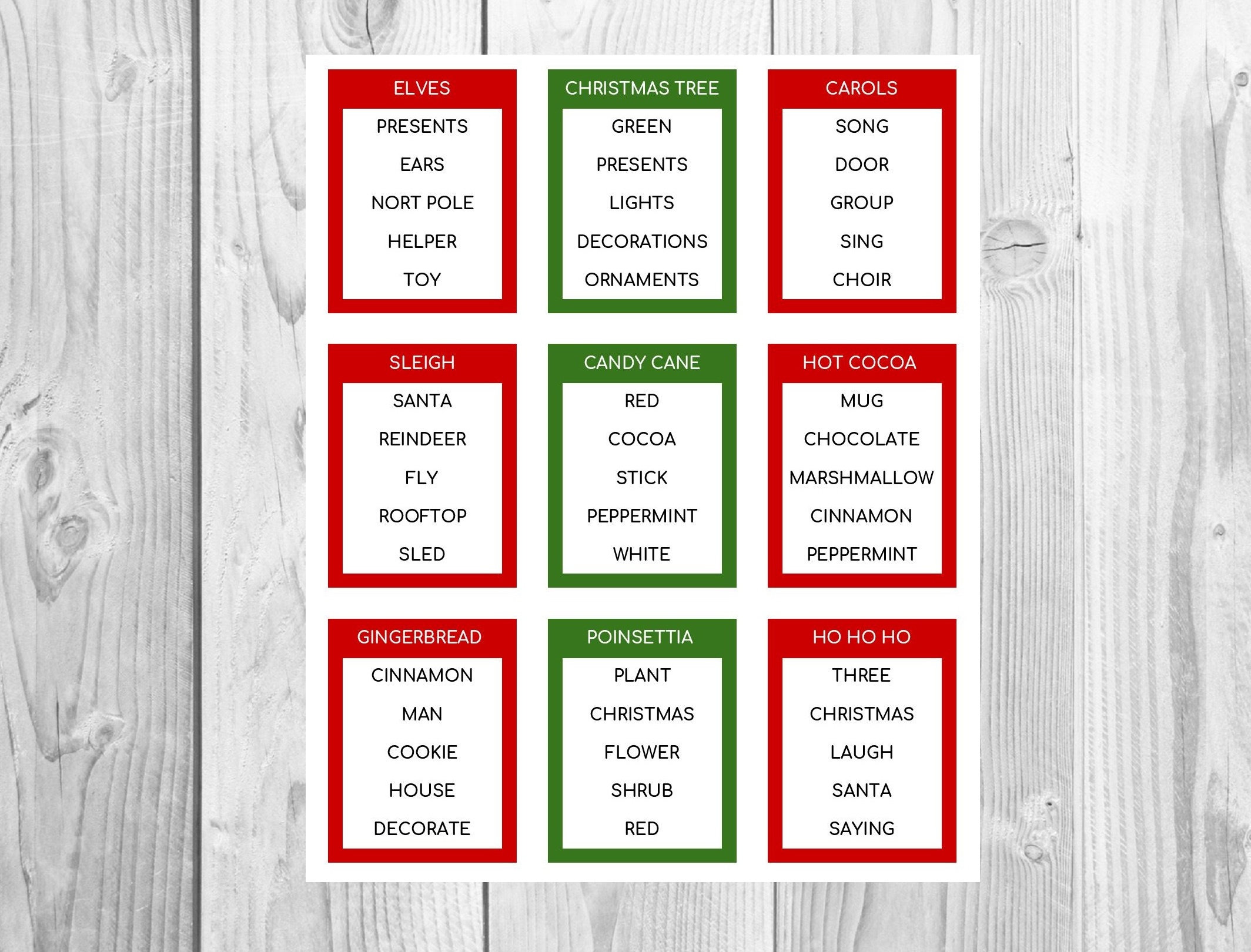 christmas taboo 72 cards printable | christmas games| family games