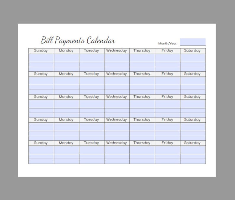 Bill Payment Calendar Printable PDF EditableInstant Etsy