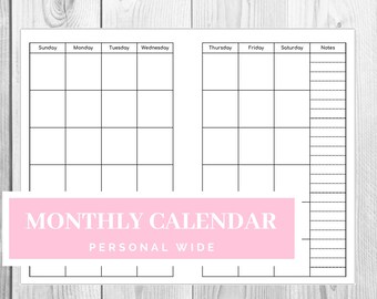 Personal Wide Monthly Calendar | Blank Calendar | Planner Printable |4.75 x 6.75 inches Filofax Instant Download