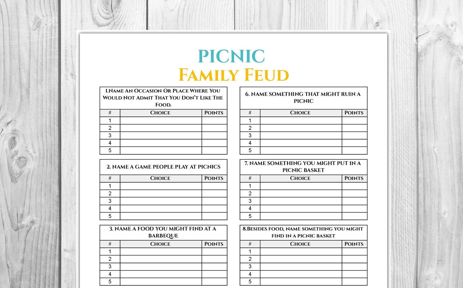 Picnic Family Feud Game Game Printable Family Games Etsy