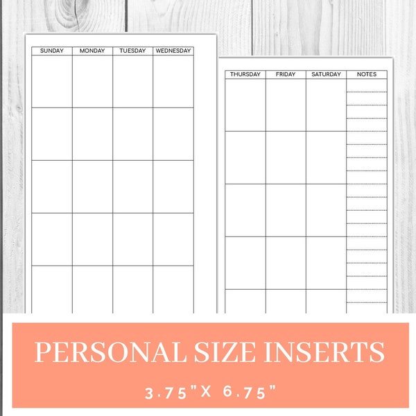 Personal Size Monthly Planner Printable- Sunday Start- Undated Planner-3.75 x 6.75 inches Filofax Instant Download