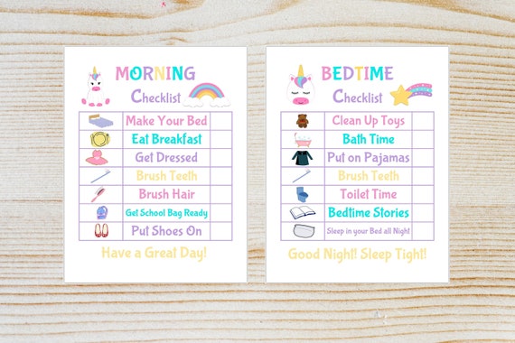 Kids Routine Unicorn Morning Bedtime Checklist Printable Etsy