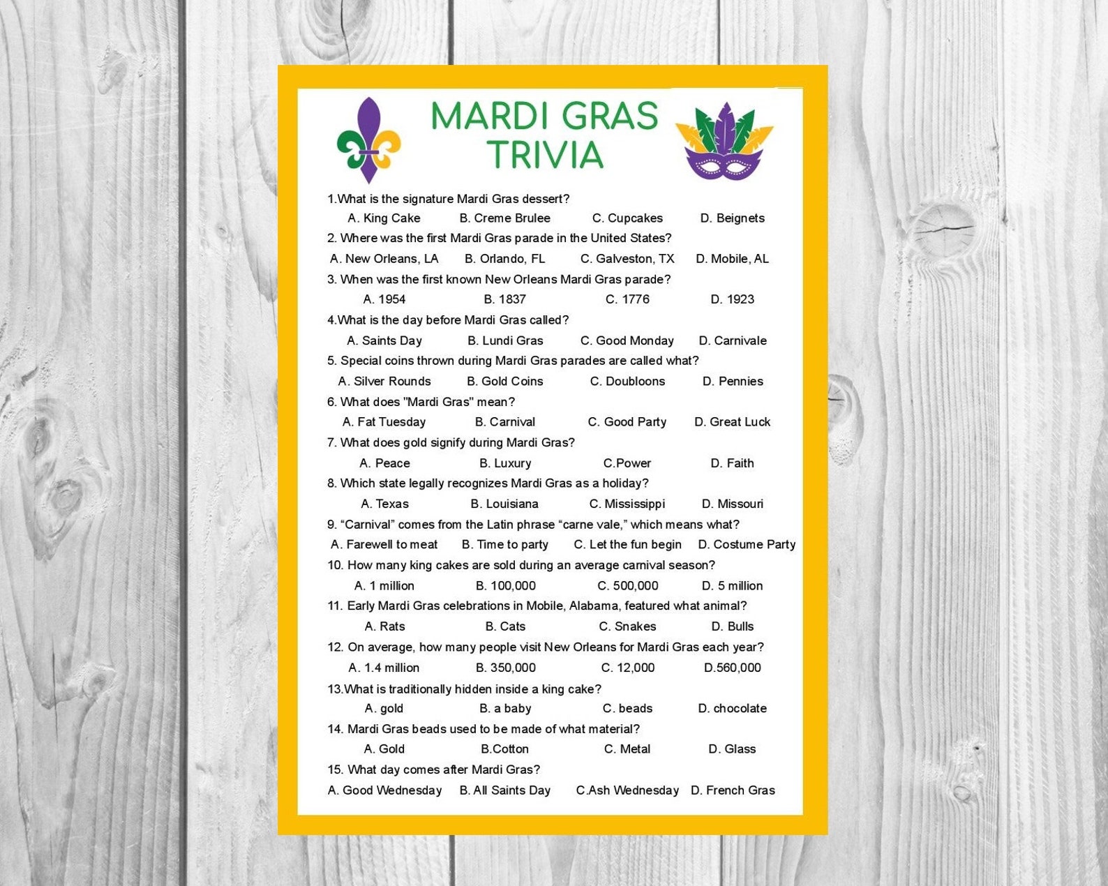 Mardi Gras Trivia Printable Family Games Indoor Games | Etsy
