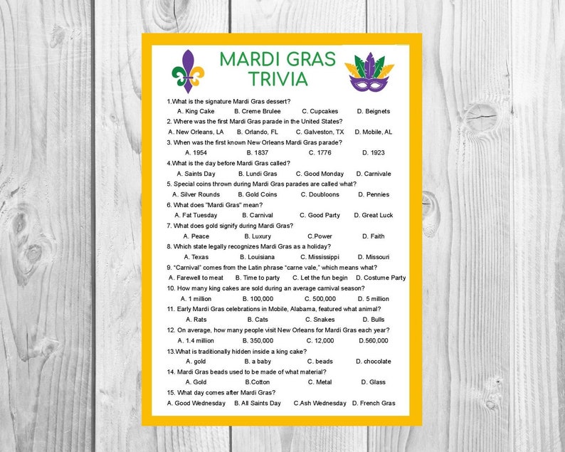 Mardi Gras Trivia Printable Family Games Indoor Games - Etsy