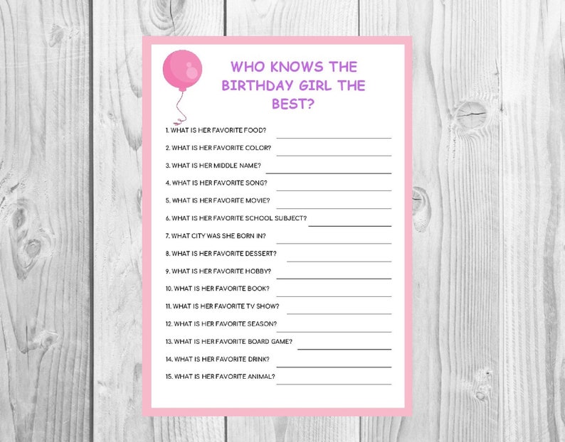 pink birthday game who knows the birthday girl printable etsy