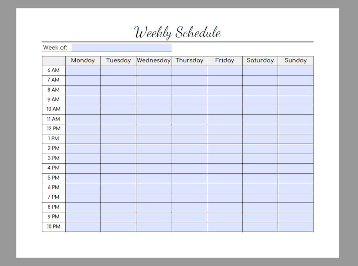 Weekly Schedule Editable PDF Hourly Schedule Printable - Etsy
