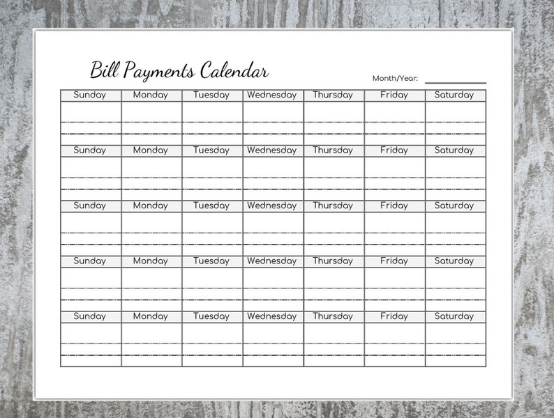 Bill Payment Calendar Printable PDF EditableInstant Etsy