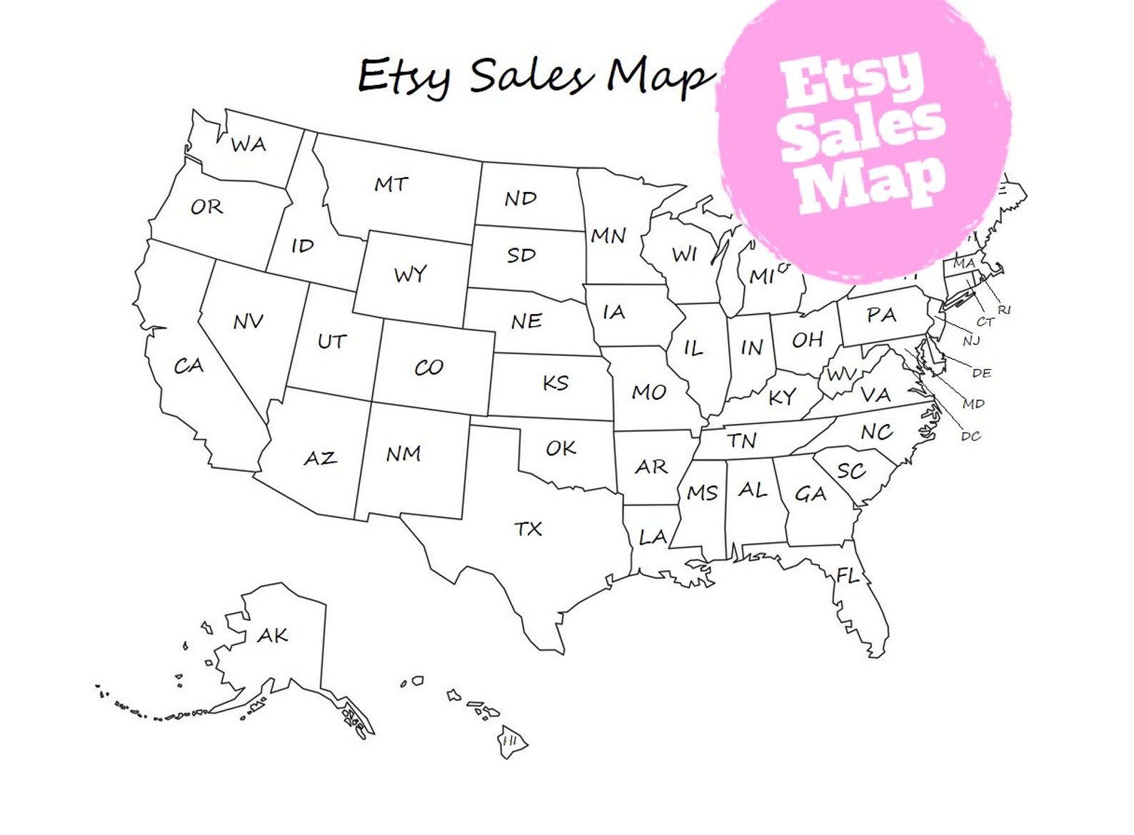 Etsy Sales Map Printable Map Map of USA-Coloring Map 8.5 x | Etsy