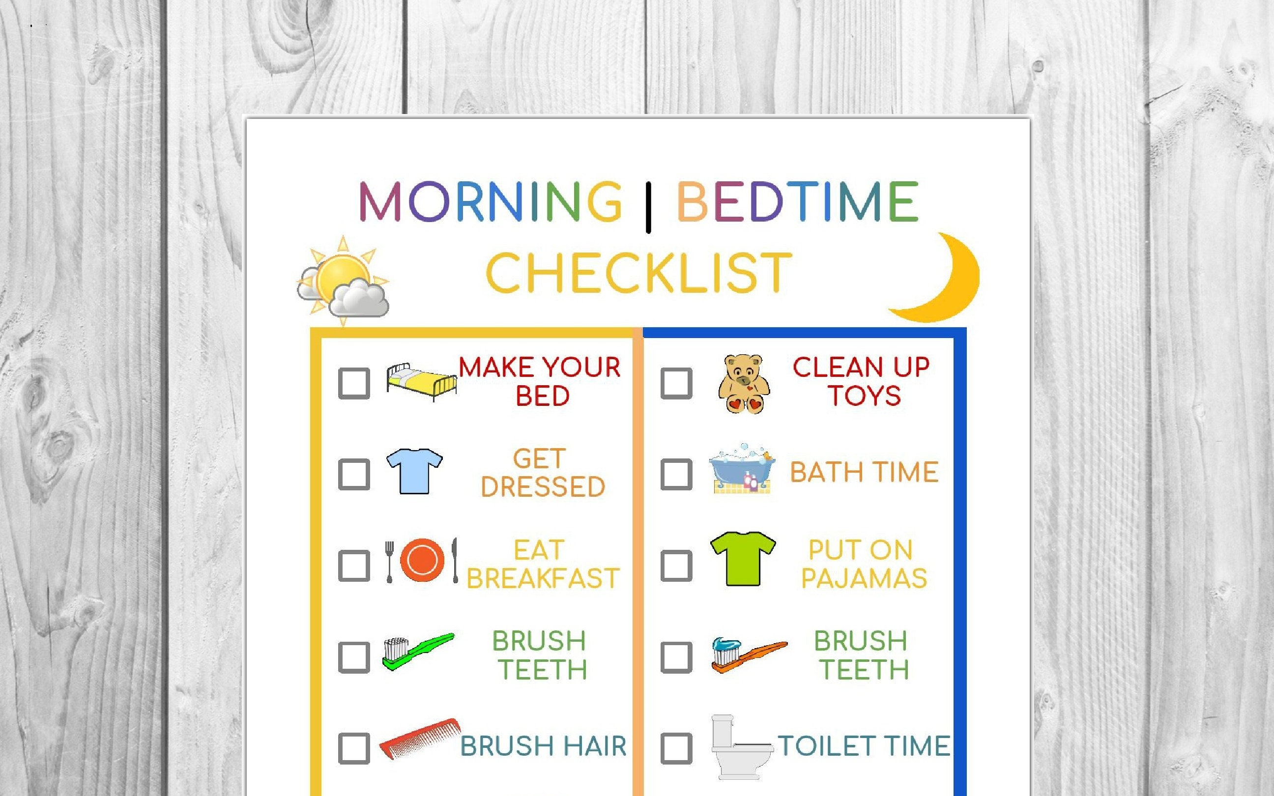 Kids Morningbedtime Checklist Printable Chore Chart Kid Etsy