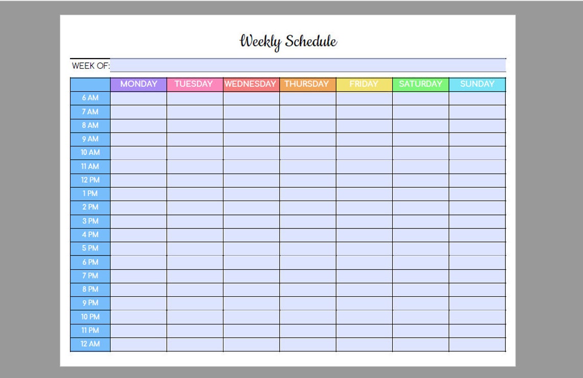 Weekly Schedule Editable PDF Colorful Hourly Schedule - Etsy