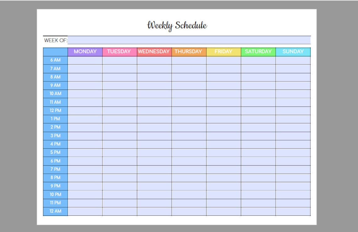 Weekly Schedule Editable PDF Colorful Hourly Schedule - Etsy