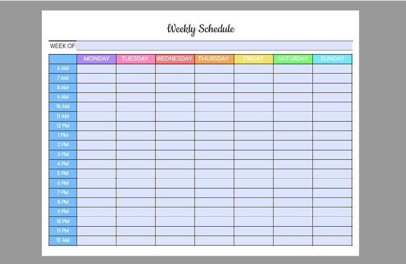 weekly schedule editable pdf colorful hourly schedule etsy