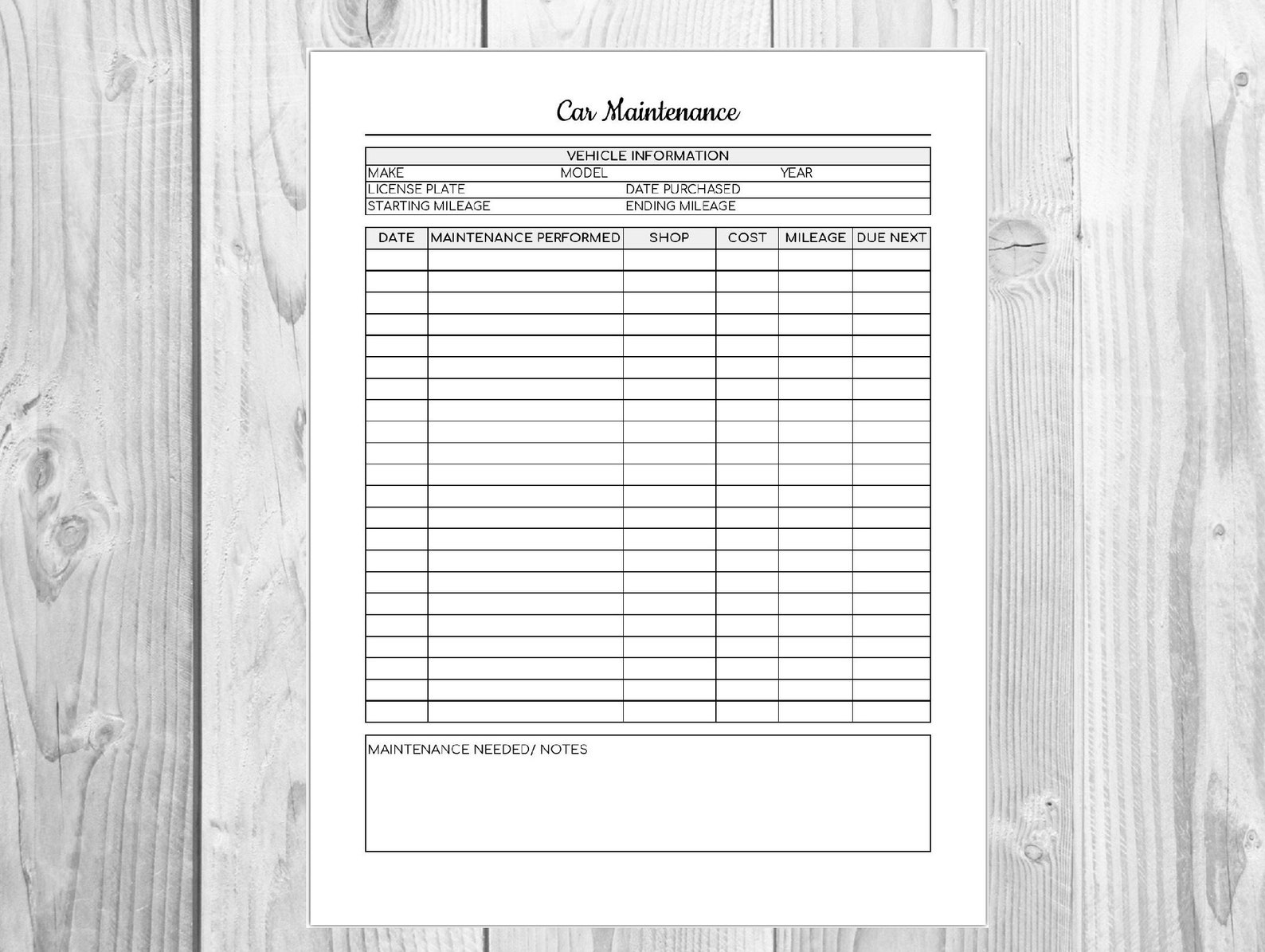 Car Maintenance Printable Editable Vehicle Records Instant - Etsy