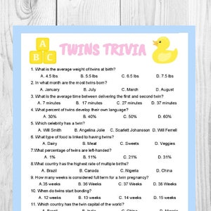 Twins Trivia Birthday Game Printable | Baby Shower Game | Kids Games | Party Games | Birthday Activity | INSTANT DOWNLOAD