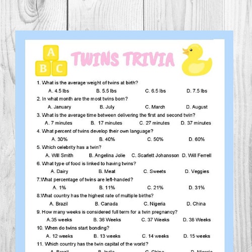 Twins Trivia Birthday Game Printable Baby Shower Game Kids - Etsy
