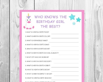 Unicorn Birthday Game | Who Knows the Birthday Girl Printable | Kids Games | Party Games | Birthday Activity | INSTANT DOWNLOAD