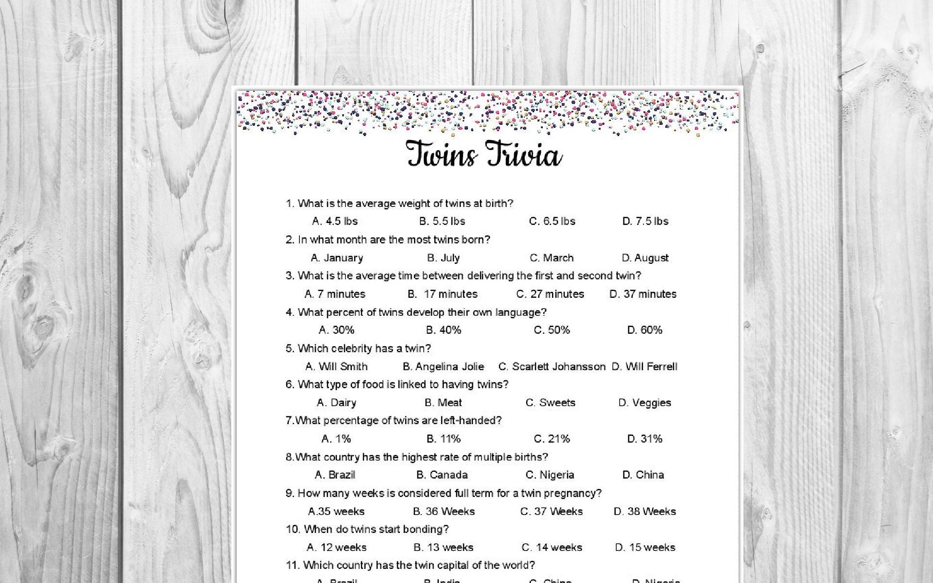 Twins Trivia Birthday Game Printable Baby Shower Game Kids Etsy