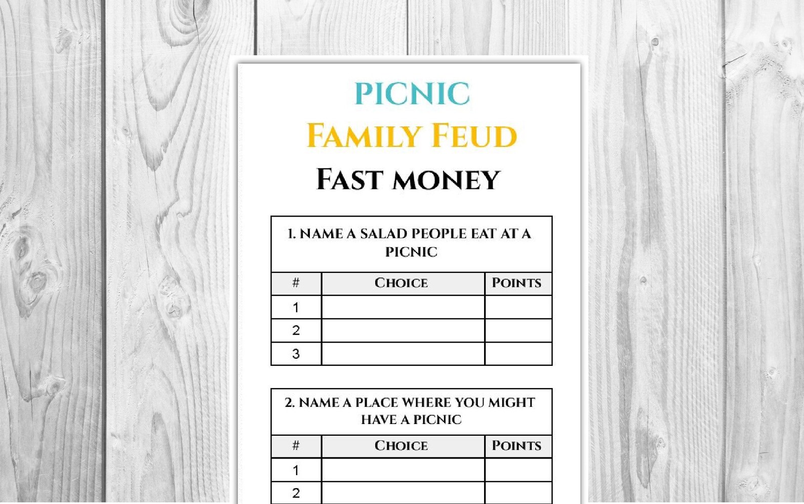 Picnic Family Feud Game Game Printable Family Games Etsy