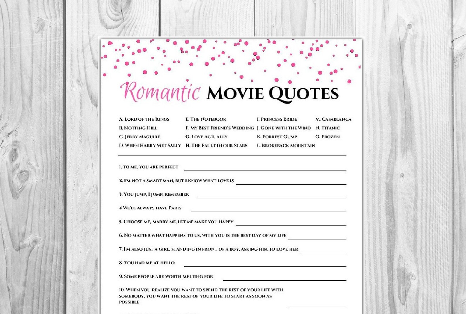Romantic Movie Quotes Pink Printable Bridal Shower Games - Etsy