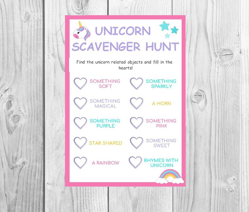 unicorn scavenger hunt birthday game home activity etsy