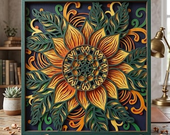 Girasol multicapa. SVG. Decoración 3D. Fabricación en CNC. Cricut. Capas. Archivo cortado con láser.