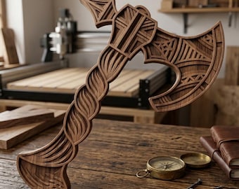 May include: A detailed wooden axe with a layered design. The axe head features intricate geometric patterns, while the handle has a braided appearance. The axe is displayed on a wooden table with a compass, nails, and leather-bound books.