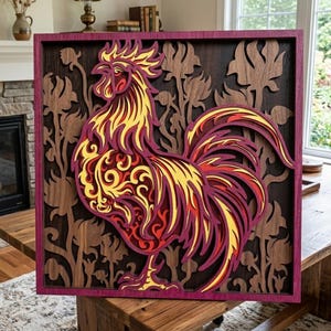 May include: A layered wooden wall art piece featuring a rooster design. The rooster is primarily yellow and red, with intricate details. The artwork is set against a dark brown background with floral cutouts, framed in a deep purple.
