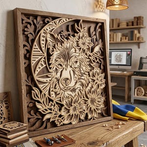 May include: Wooden wall art depicting a wolf within a crescent moon and floral details. The layered design is set in a dark wood frame. The wolf's face is central, surrounded by detailed floral patterns, creating a striking decorative piece.