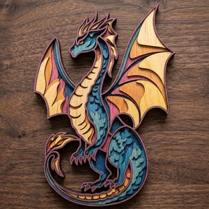 May include: A multi-layered wooden wall art piece shaped like a dragon. The design features intricate cutouts with a colour palette of deep purple, teal, and natural wood tones. The dragon is depicted in a standing pose with wings spread wide.