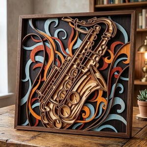 Meerlaagse saxofoon. SVG-bestand. 3D-decoratie. CNC-gestuurd. Cricut-constructie. Gelaagd. Lasergesneden bestand