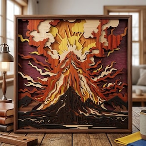 May include: A wooden layered art piece depicting a volcano erupting. The artwork features a dark brown mountain, with orange and yellow lava and a bright yellow sun. The background is a mix of purple, orange, and yellow hues, all within a wooden frame.