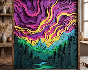 Puede incluir: Una obra de arte enmarcada en madera con un diseño en capas de un paisaje colorido. La obra representa un bosque, montañas y un río, con un cielo vibrante en tonos de morado, rosa y amarillo. El marco es de color marrón oscuro.