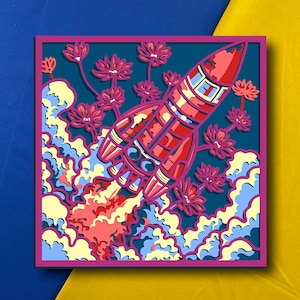 以下が含まれることがあります： 下から炎が噴き出す赤と白のロケットが、黄色と白の雲とピンクの花が咲く青い空を飛んでいる。